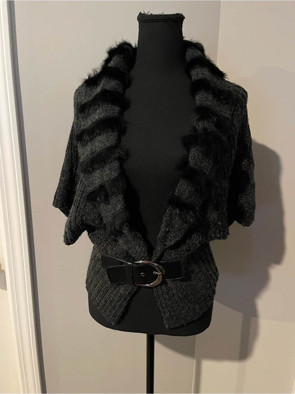 Lucy Paris Black Open-Front Shrug with Faux-Fur Trim